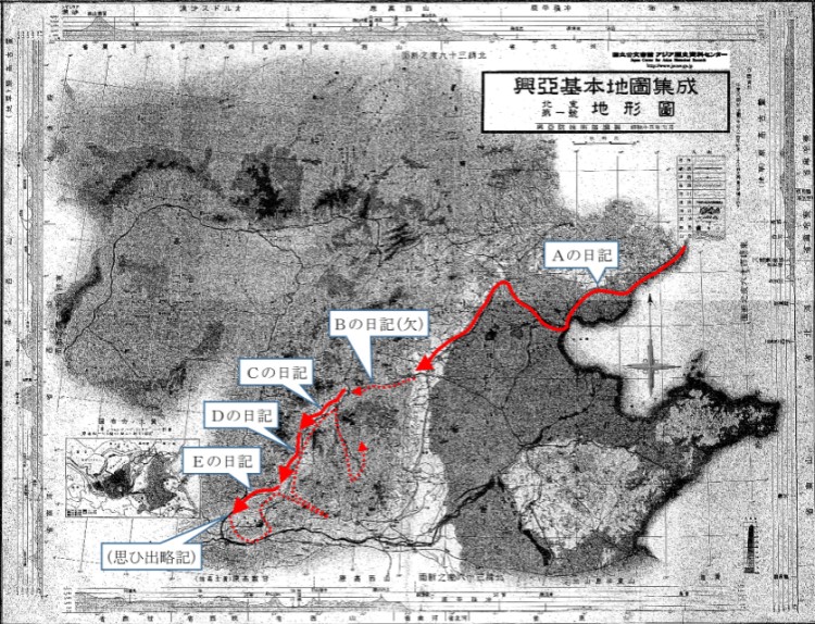 北支の地図と部隊の移動経路