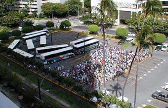 LIVEへ向かうバスを待つ行列